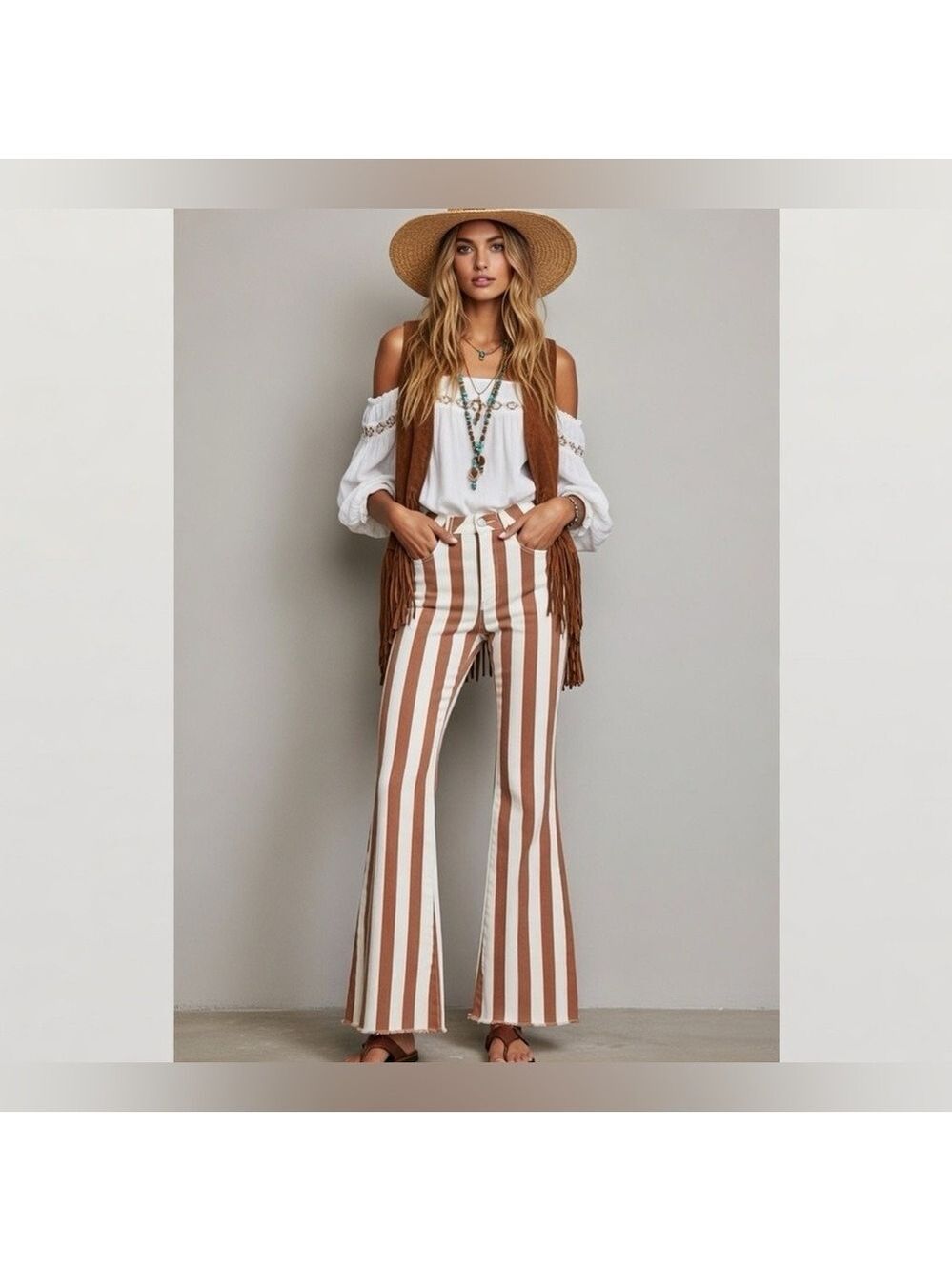 Saints & Hearts Chic Striped Flare Jeans in Tan and White Stripes Size M